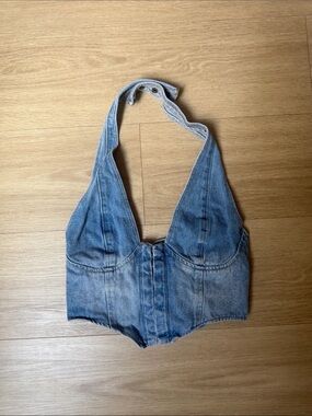 Edikted Denim Halter Corset Crop Top - Light Blue Women Jeans